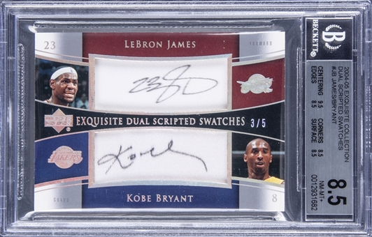 2004-05 UD "Exquisite Collection" Dual Scripted Swatches #JB LeBron James/Kobe Bryant Dual Signed Game Used Patch Card (#3/5) - BGS NM-MT+ 8.5/BGS 9